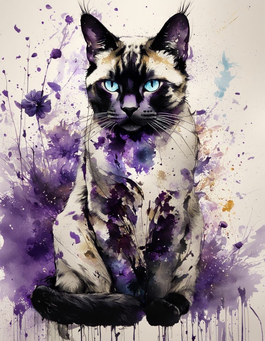 Elegant Siamese Cat with Ink Splatter Flowers