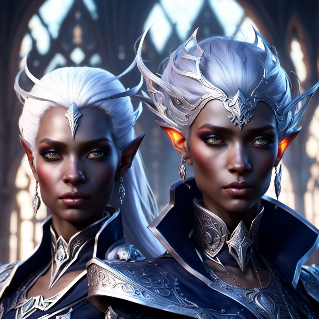 Two beautiful female dark elves with white hairs dressed wit...