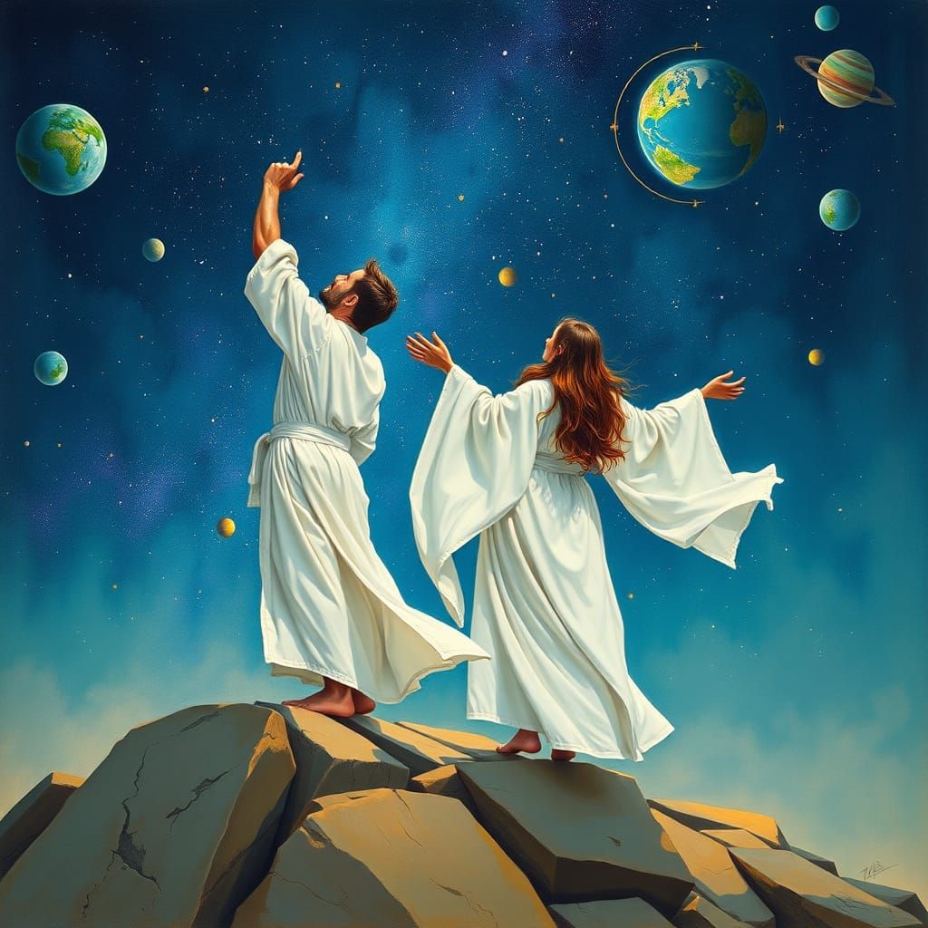 Figures Gazing at Starry Night Sky Painting