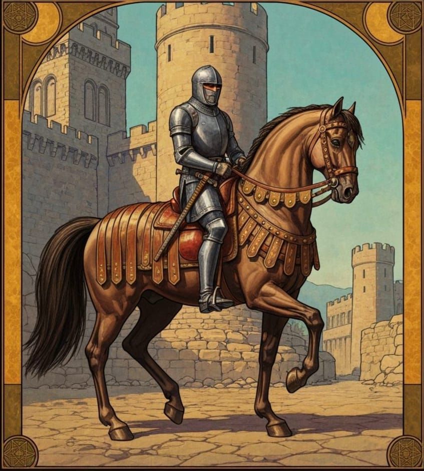 Art Deco Knight on Horse Outside Castle