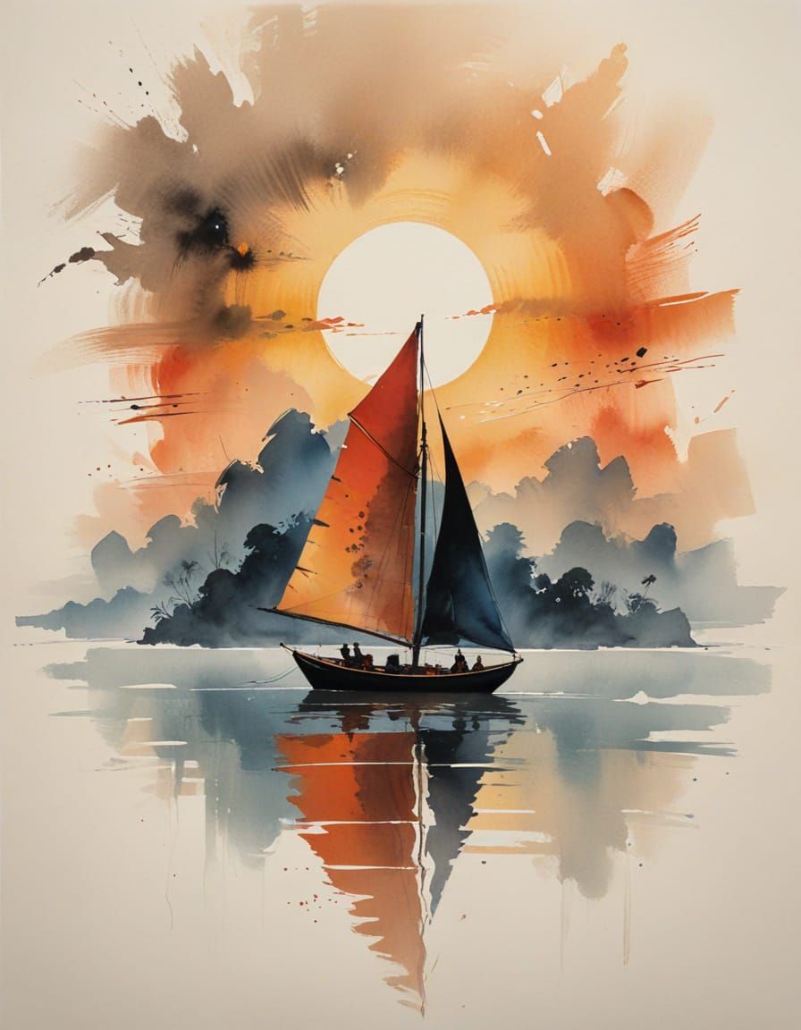 Sailing Boat on Lake at Sunset in Vibrant Ink Wash Style