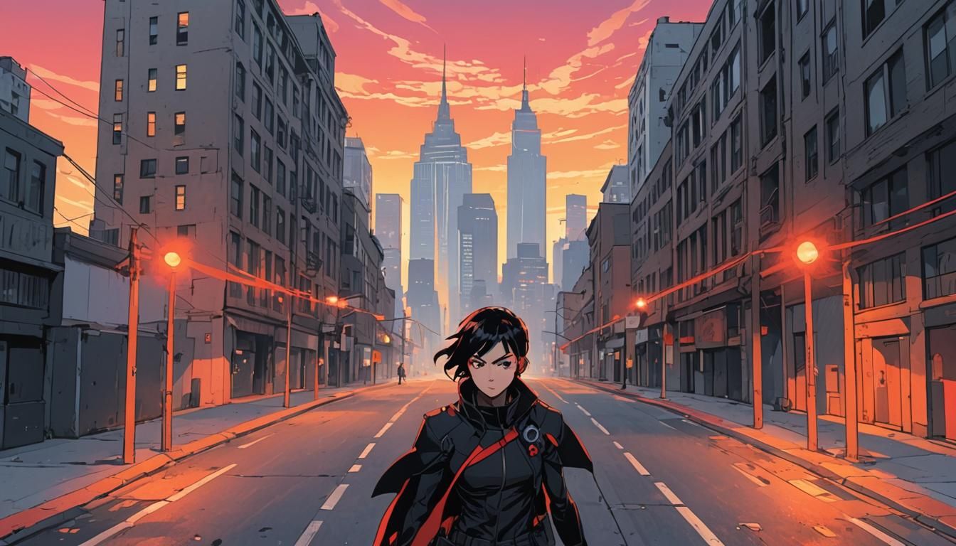 Dynamic Heroine in Urban Sunset, Studio Trigger Style