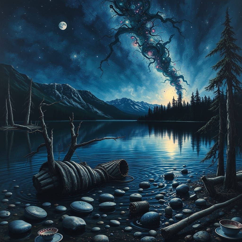 Surreal Twilight Lake Painting with Mysterious Atmosphere