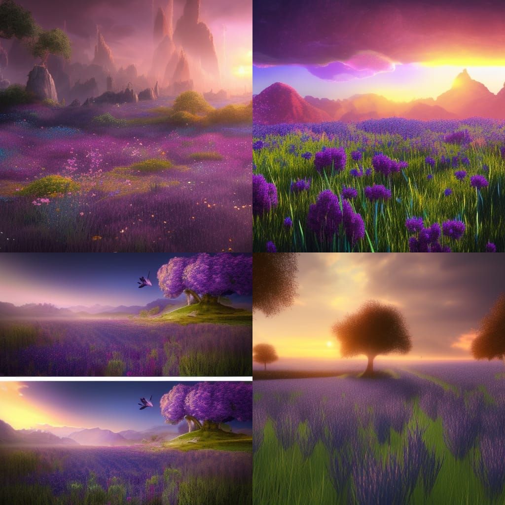 Blue and Purple Flower Field Sunset, Detailed Matte Painting