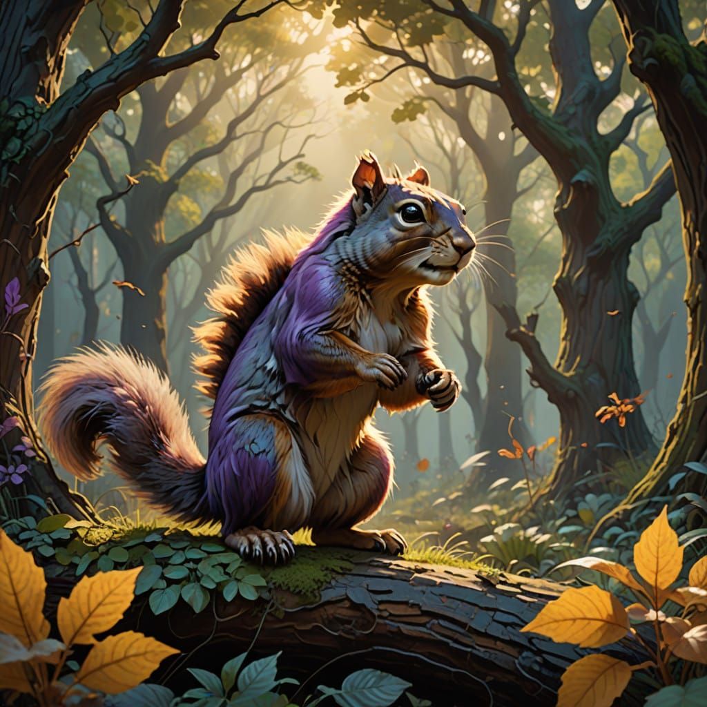 Mystical Squirrel Warrior Battles Lion in Haunting Wildernes...