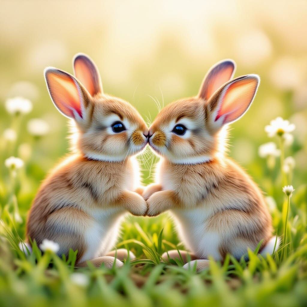 Kissing Baby Bunnies in Meadow: Ultra Realistic Detail