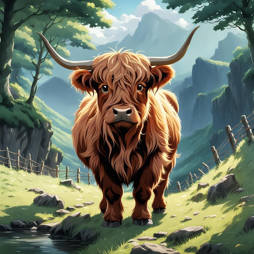 Baby Highland Cow: Studio Ghibli Anime Art