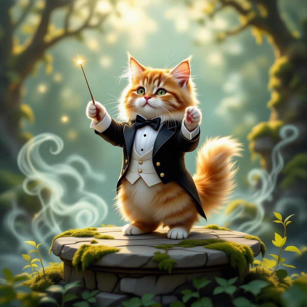 Fluffy Cat Conductor in Enchanting Light