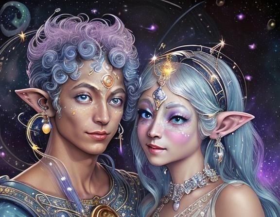 Faerie Lovers in Starry Rococo Galactic Landscape