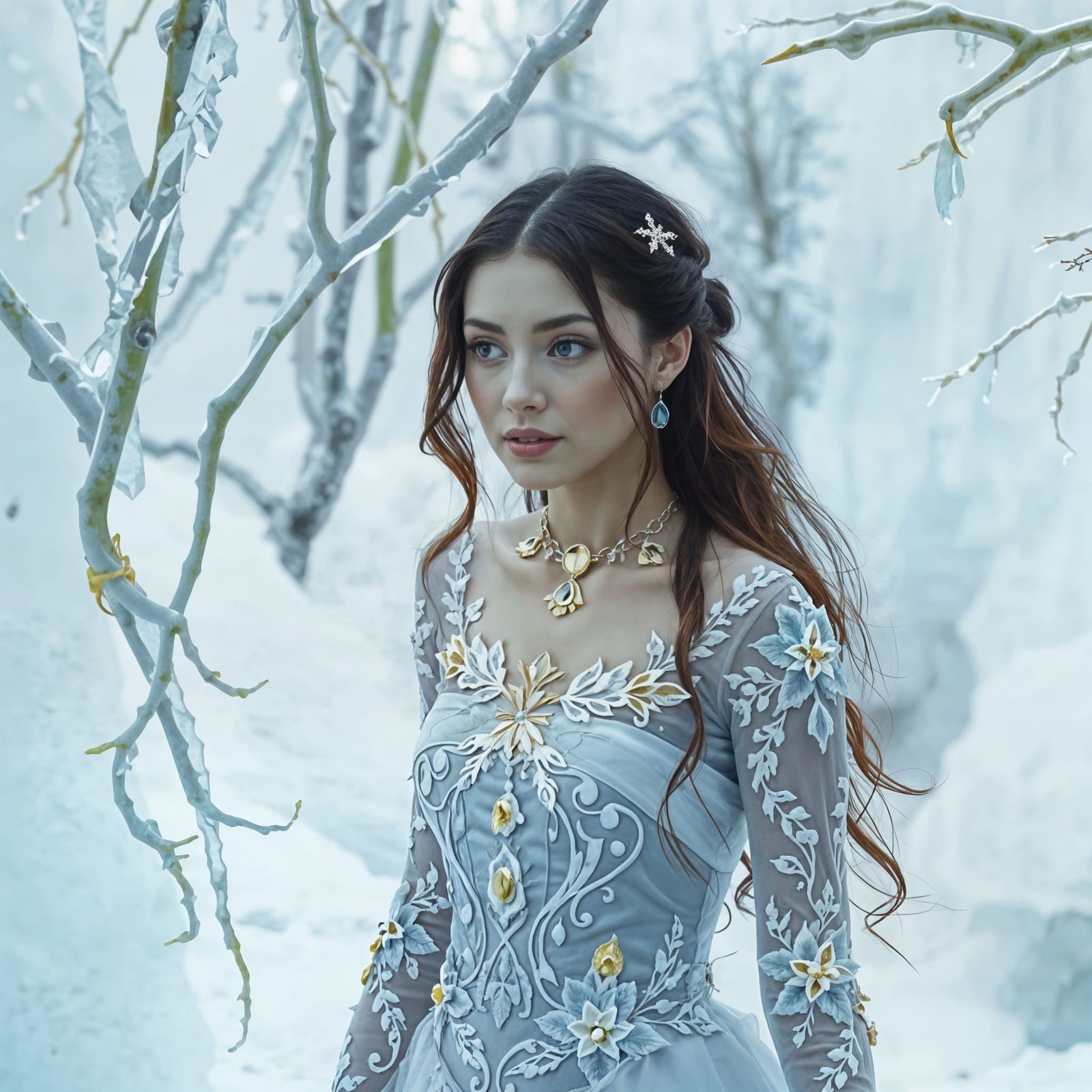 Ethereal Ice Spirit in Crystal Gown Strolls Frozen Forest