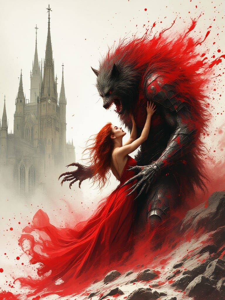 Gothic Romance Horror: Woman and Werewolf in Medieval City