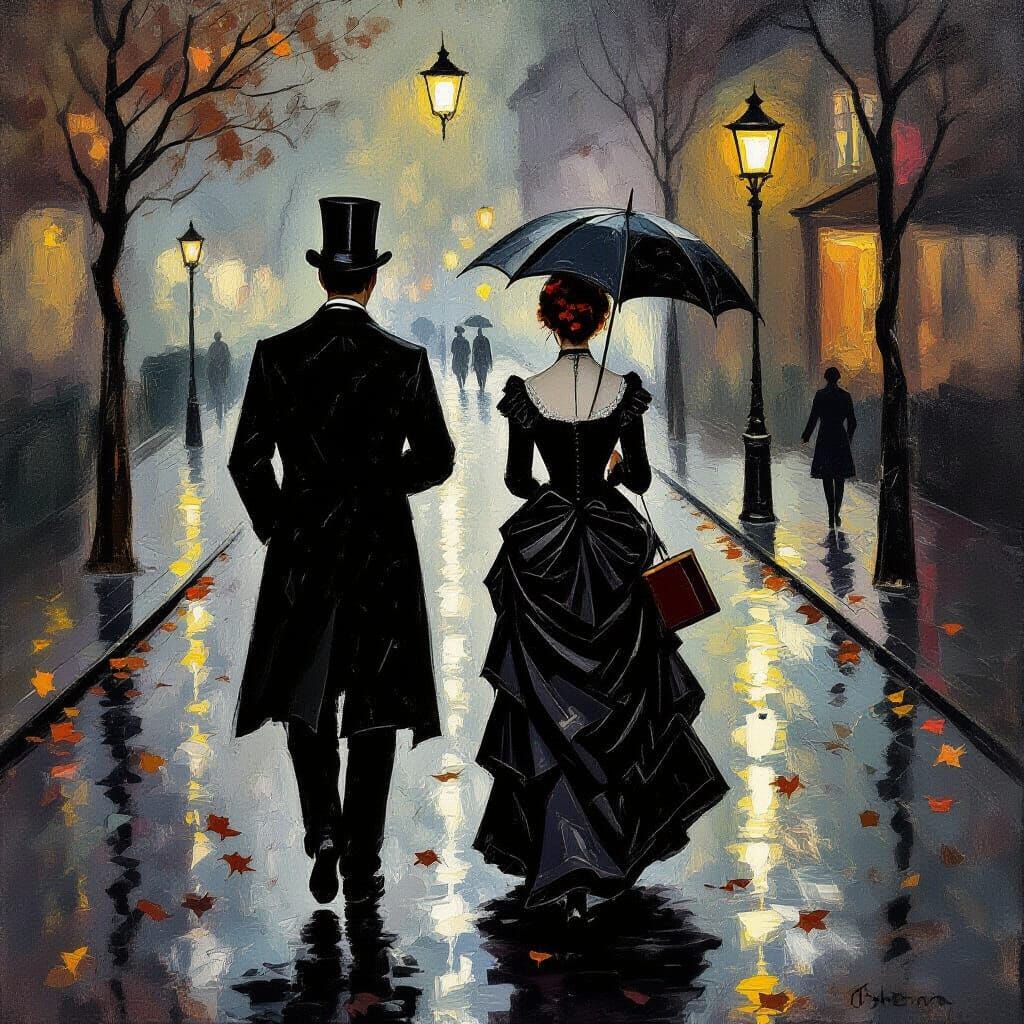 Victorian Couple on Leafy Road in Eerie Atmosphere