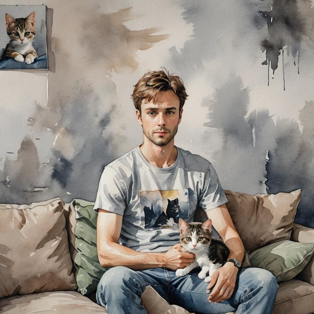 Man with Kitten, Aquarelle Painting
