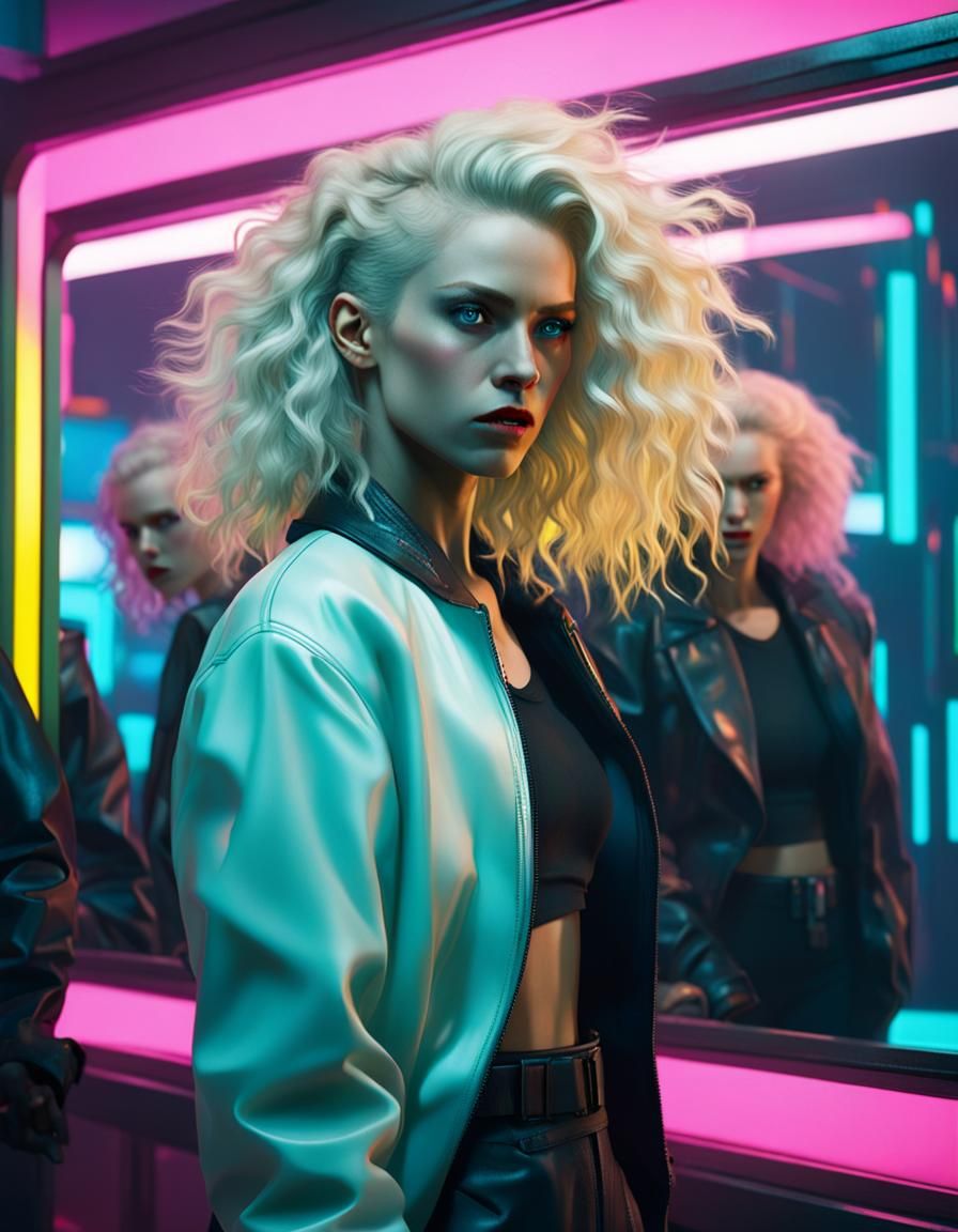 Cyberpunk Woman Behind Colorful Mirrors