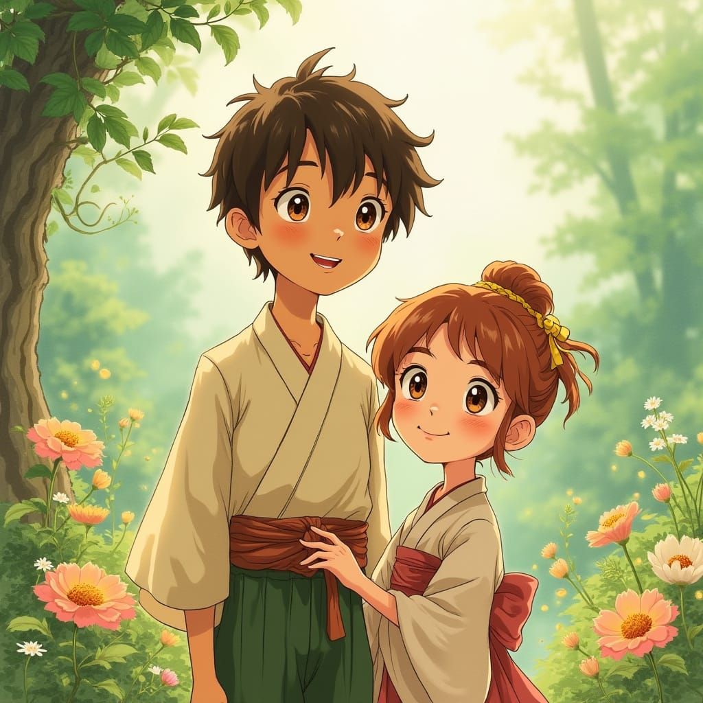 Couple in Whimsical Studio Ghibli Landscape