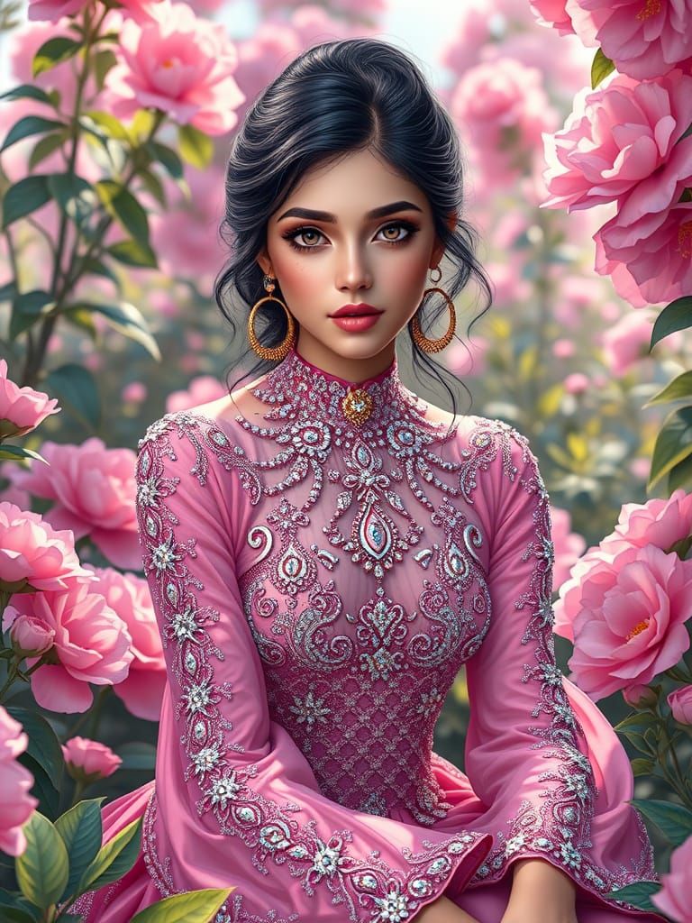 Iranian Girl in Pink Diamond Dress, Oil Painting Style