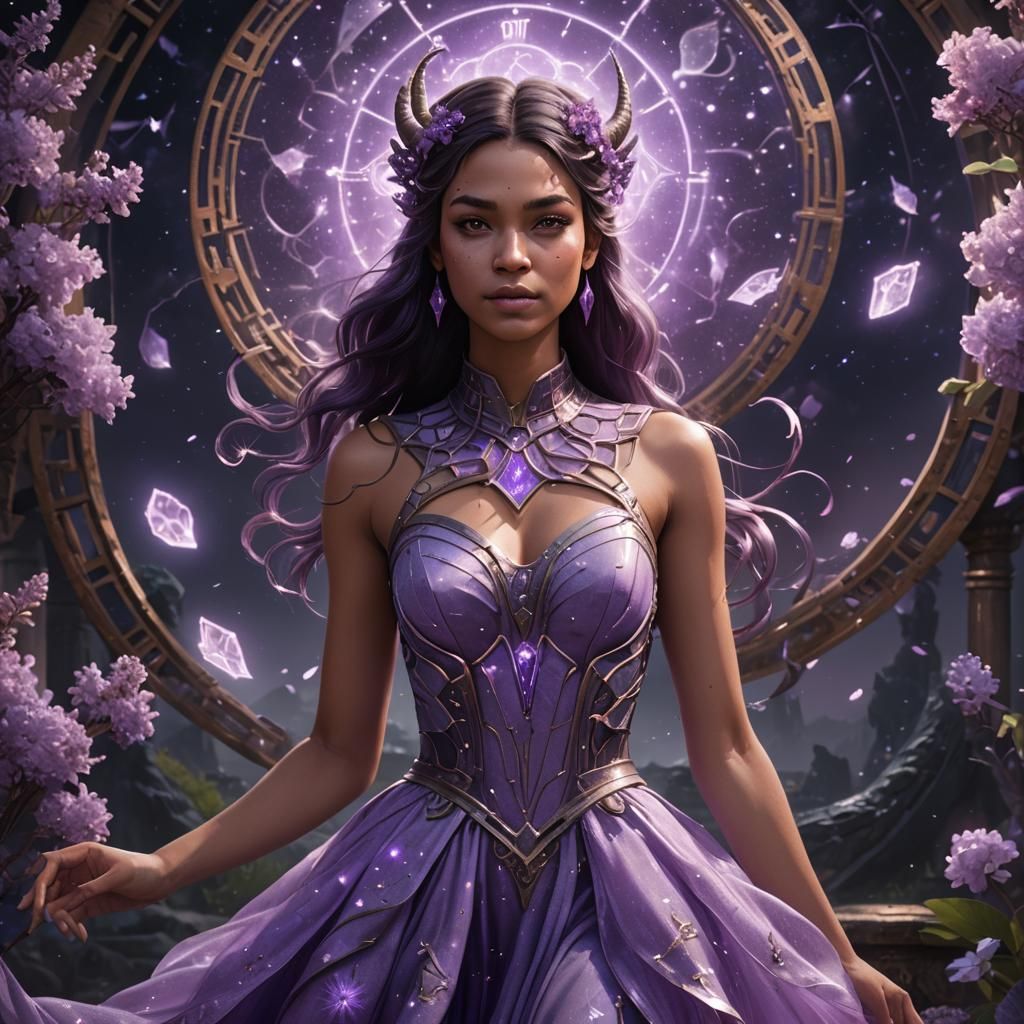 Scorpio Zodiac Girl in Lilac Dress, Detailed Digital Art