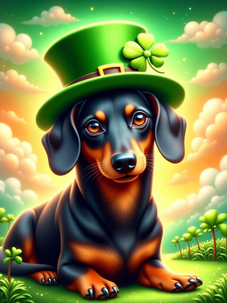 Whimsical Dachshund in St. Patrick's Day Attire