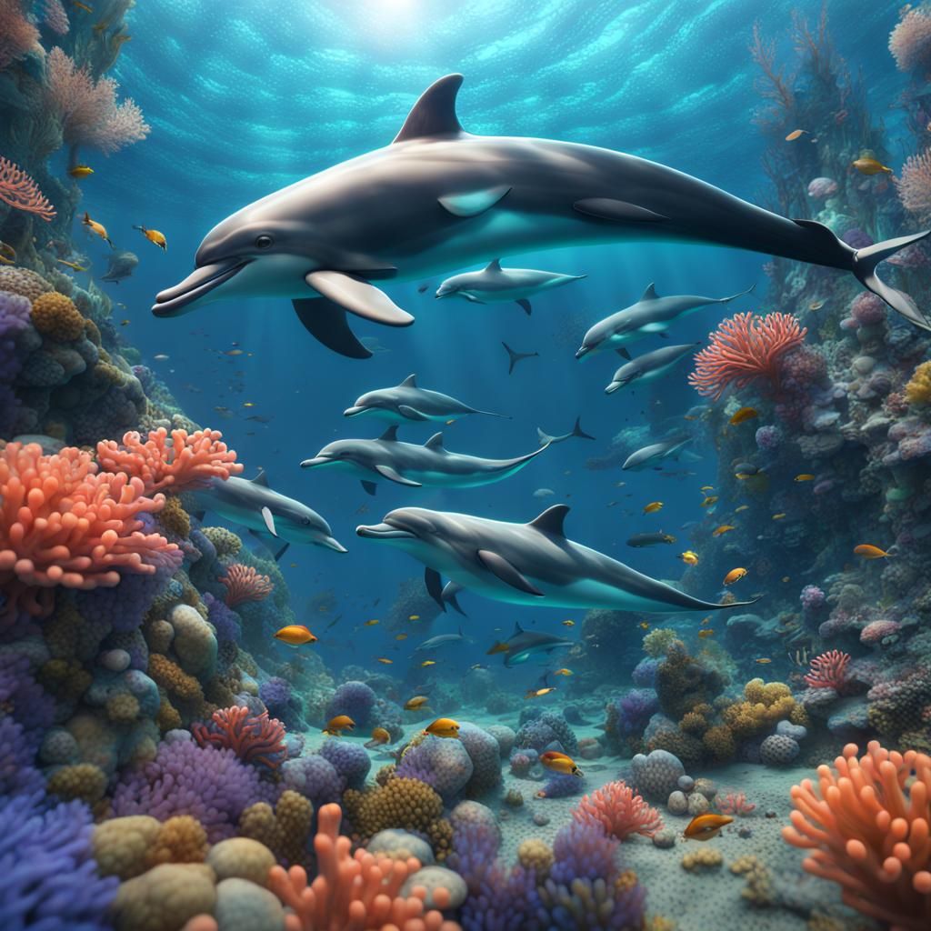 highly detailed, underwater scene of mosaic-designed dolphins with vibrant coral reefs