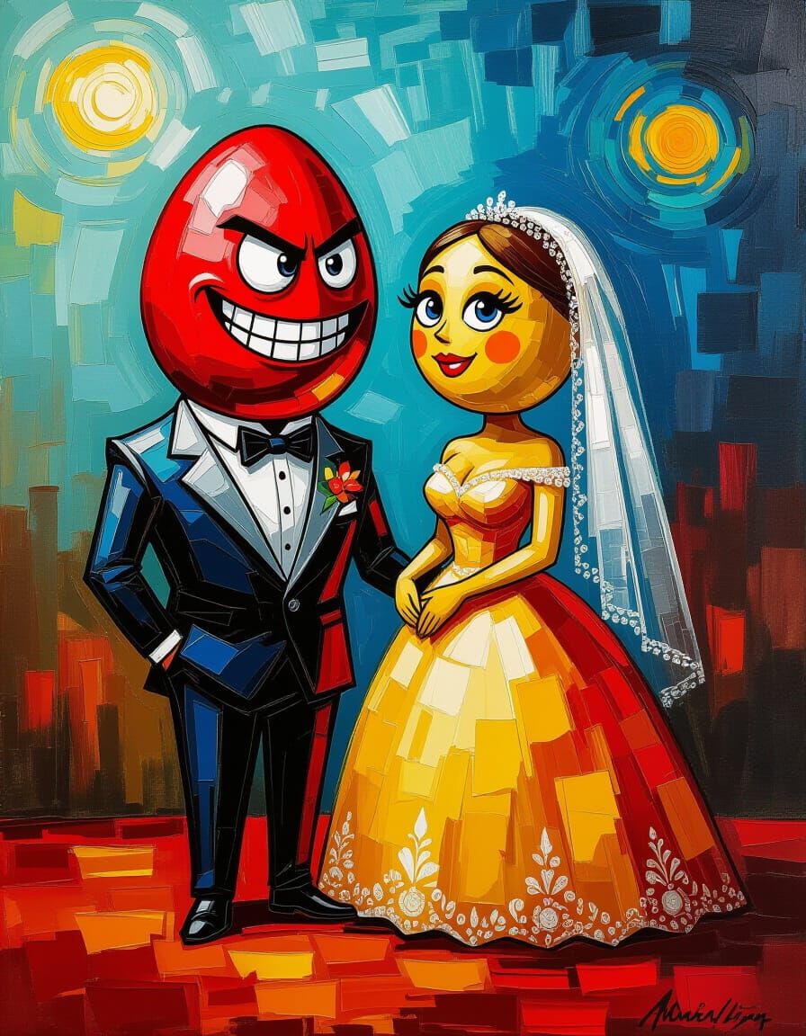 Evil Egg Marries Silly Potato in Impasto Oil Painting