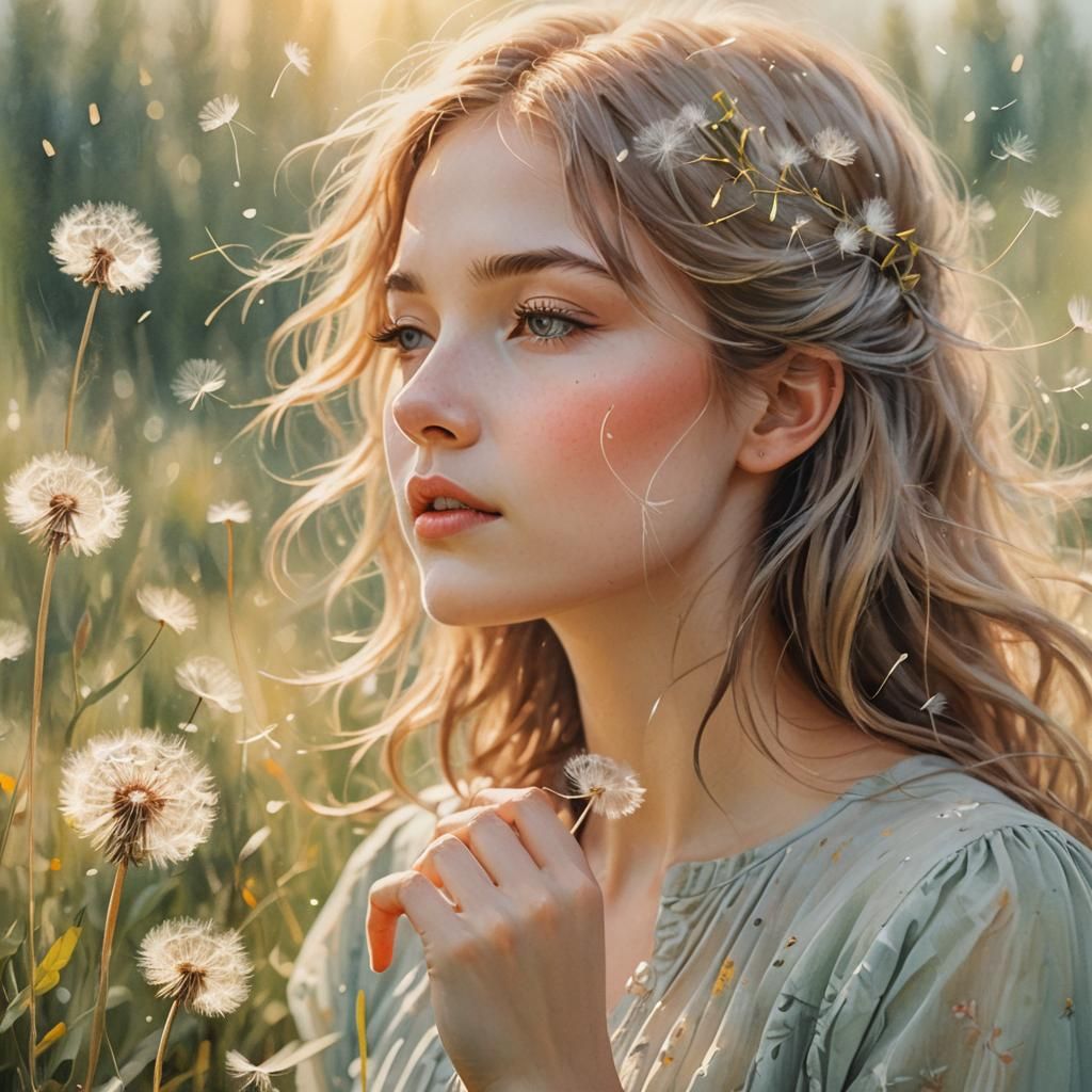 Girl with Dandelion in Pastel Watercolor Style
