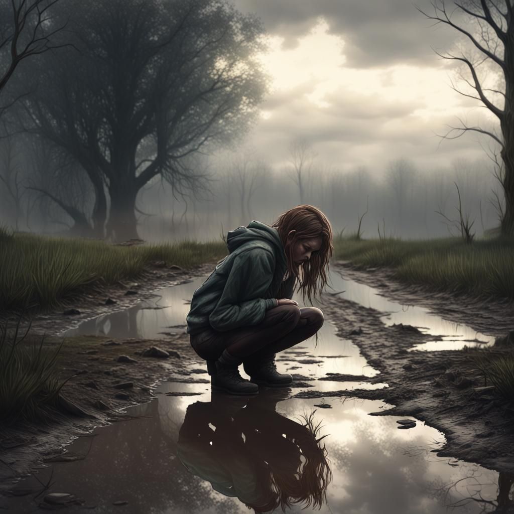 Moody Teenage Girl Reflects in Mud Puddle
