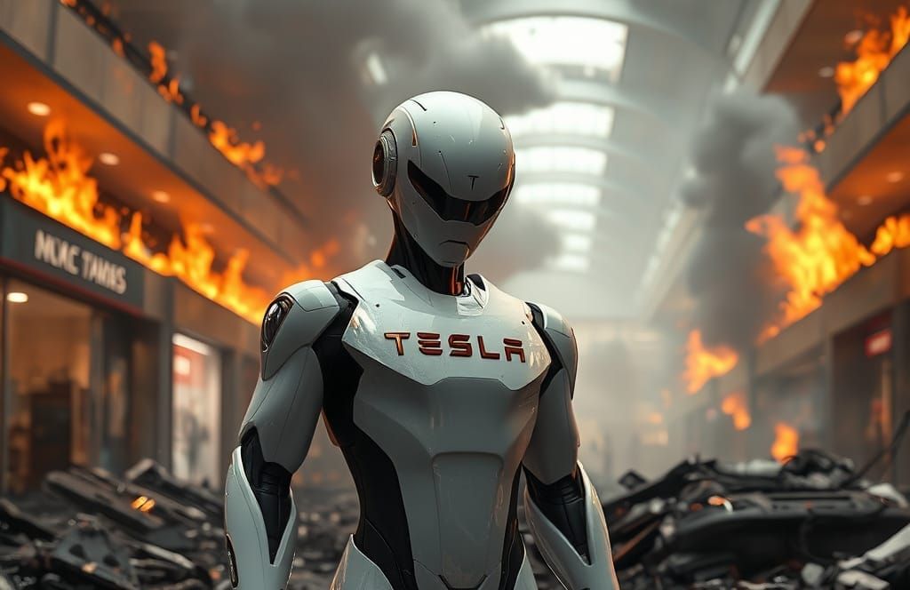 Robot in Ruin: Tesla Bot Amidst Mall Destruction