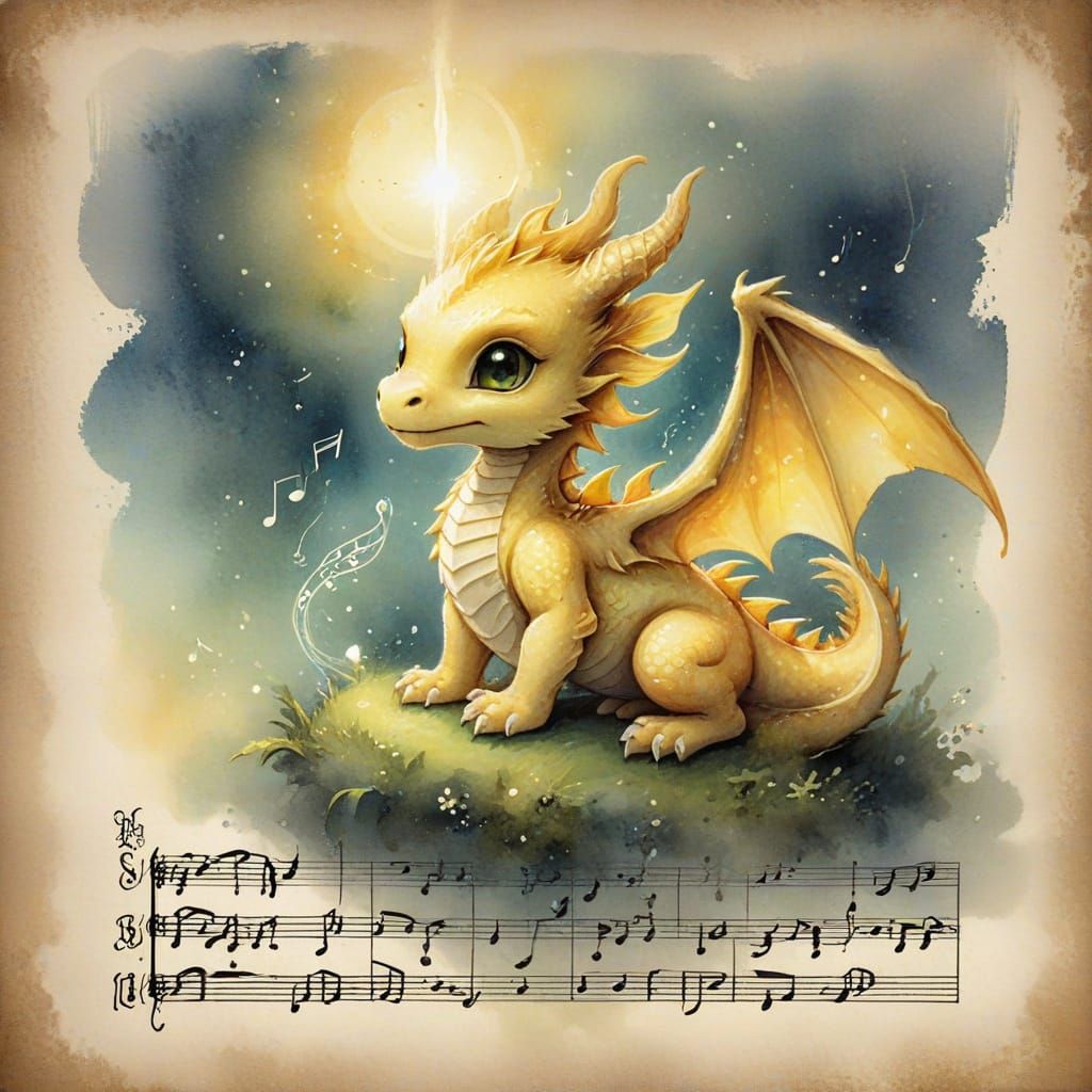 Chibi Dragon on Musical Sheet in Dreamlike Mist