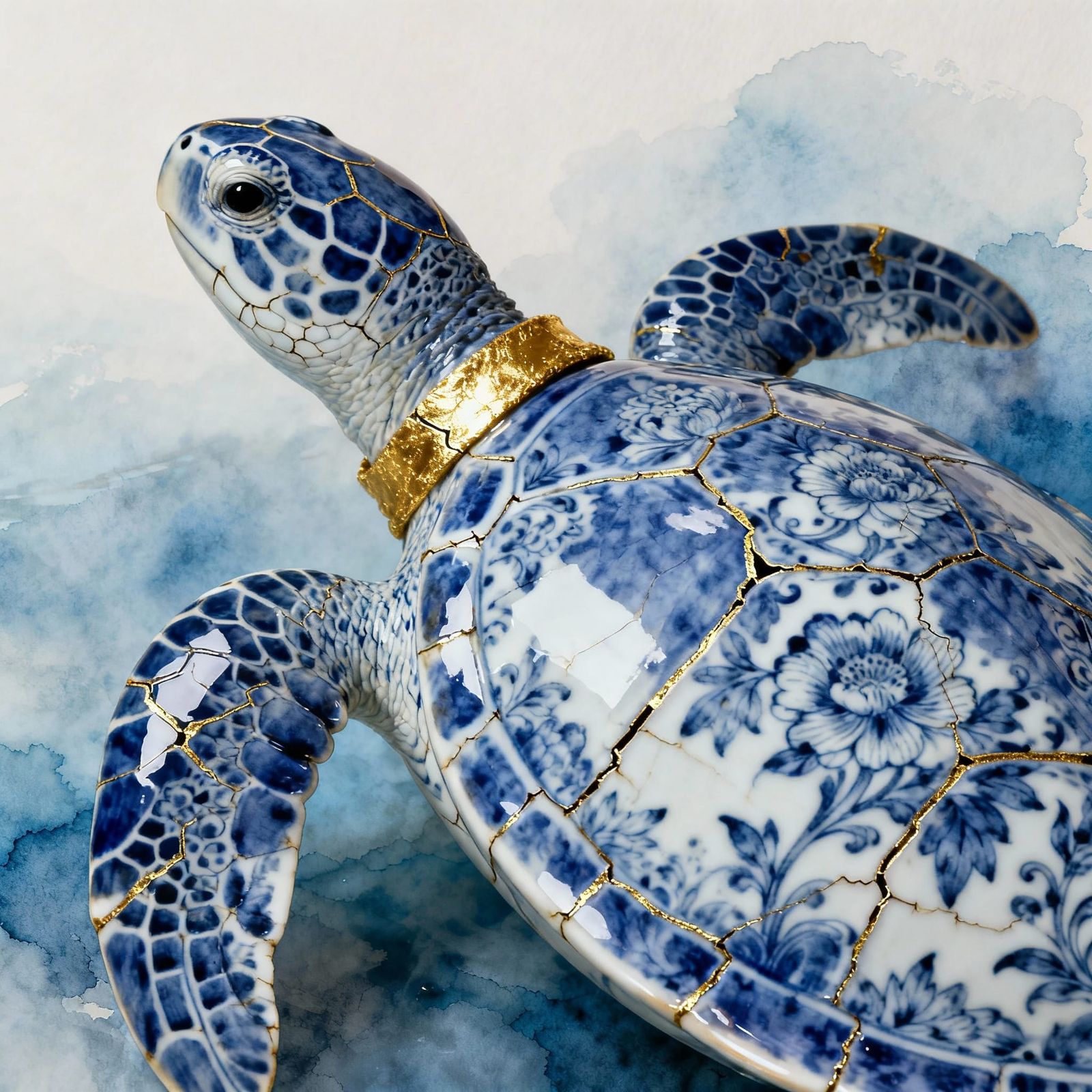 Sea Turtle in Blue and White Porcelain with Golden Kintsugi