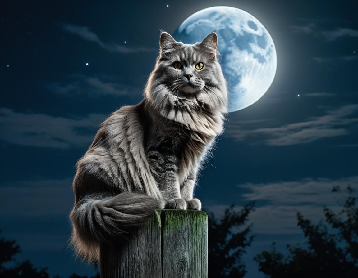 Grey Cat Portrait Under Full Moon