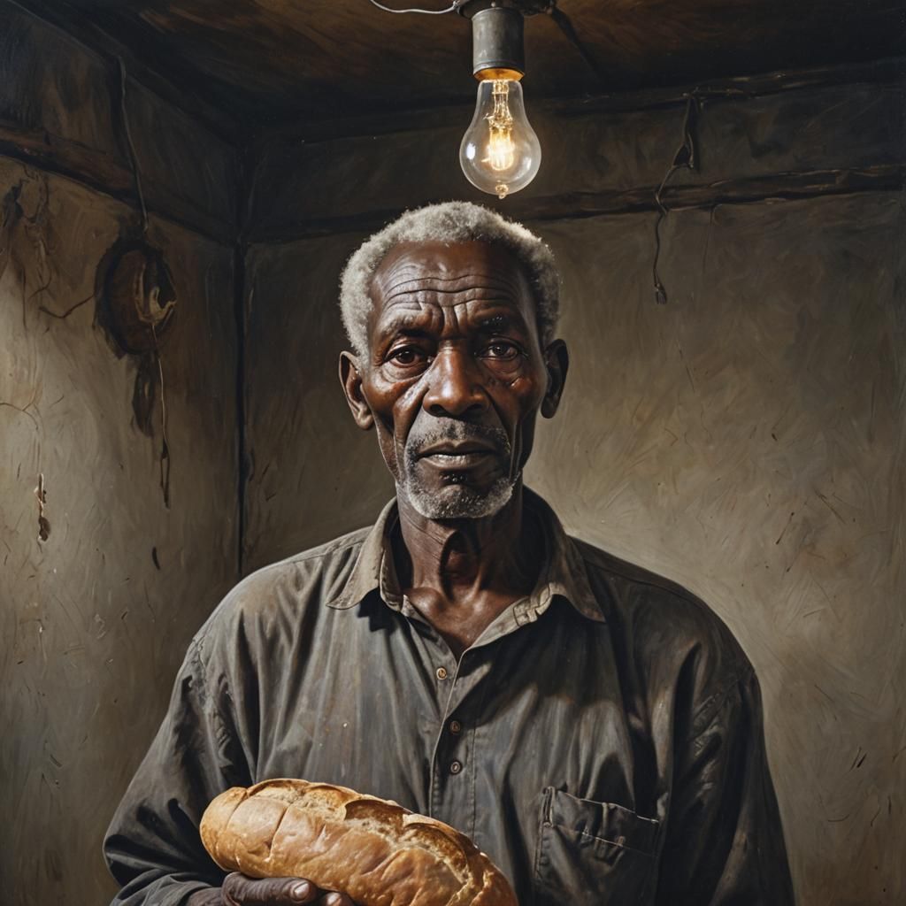 Photorealistic Bread-Headed Man in Dark Room