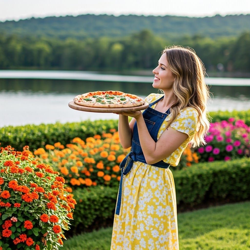 Woman Enjoys Fresh Pizza in Serene Garden Setting