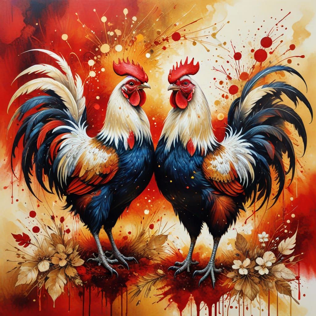 Ink Painting of Roosters in Fantasy Setting