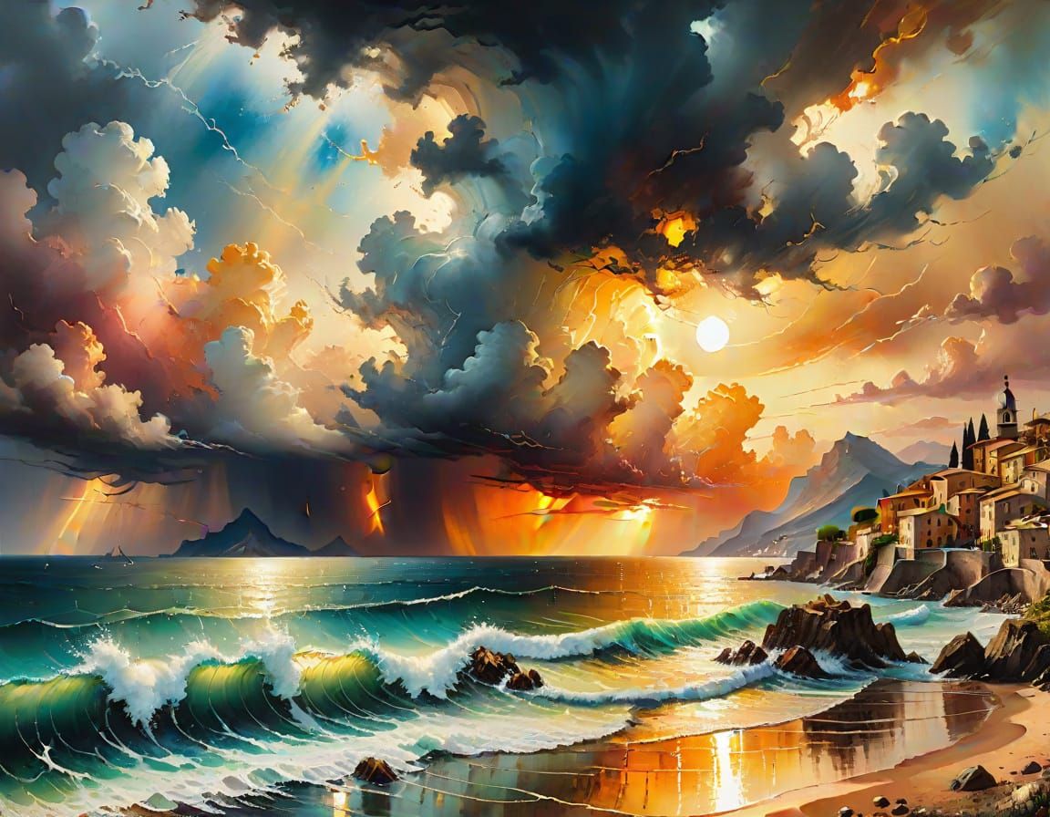 Italian Coast Thunderstorm in Rococo Impressionist Style
