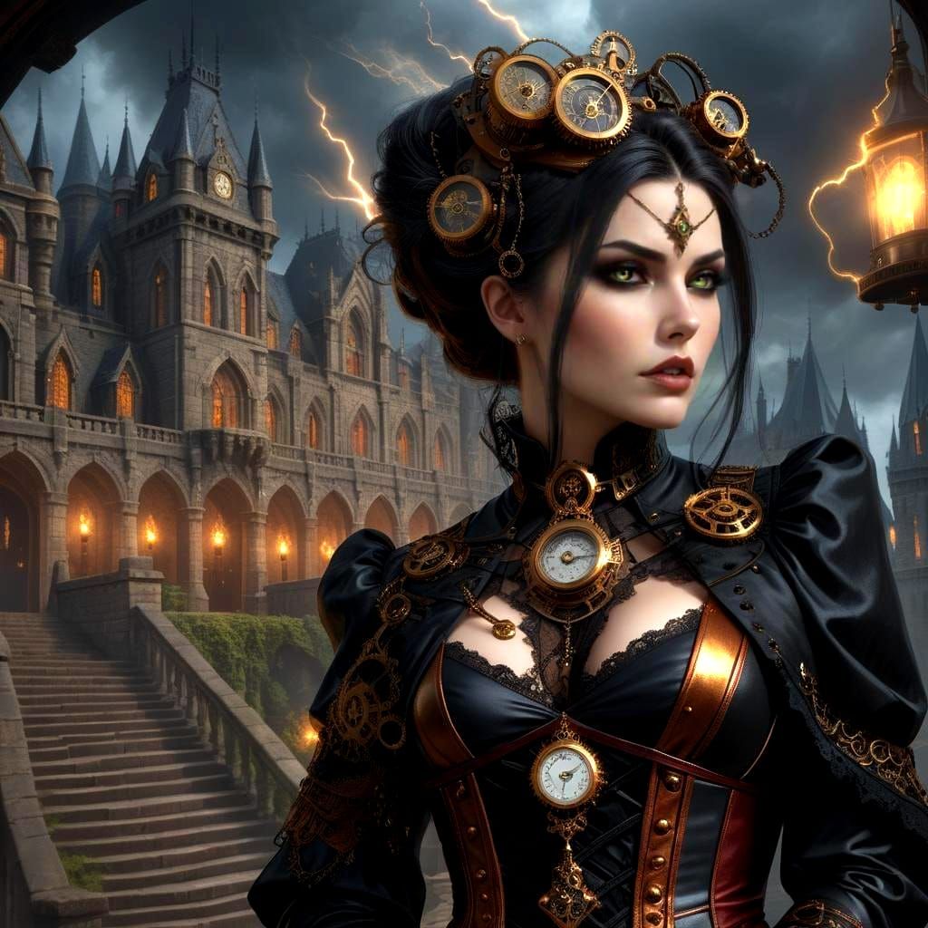Steampunk Goth Woman in Castle, Digital Painting