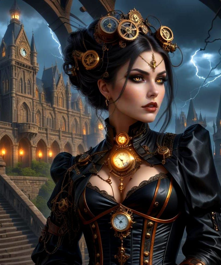 Steampunk Goth Woman in Castle, Digital Art