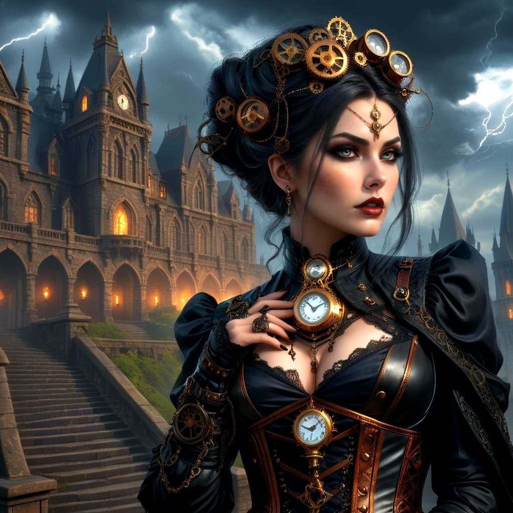 Steampunk Goth Woman in Castle Setting, Cyberpunk Style Pain...