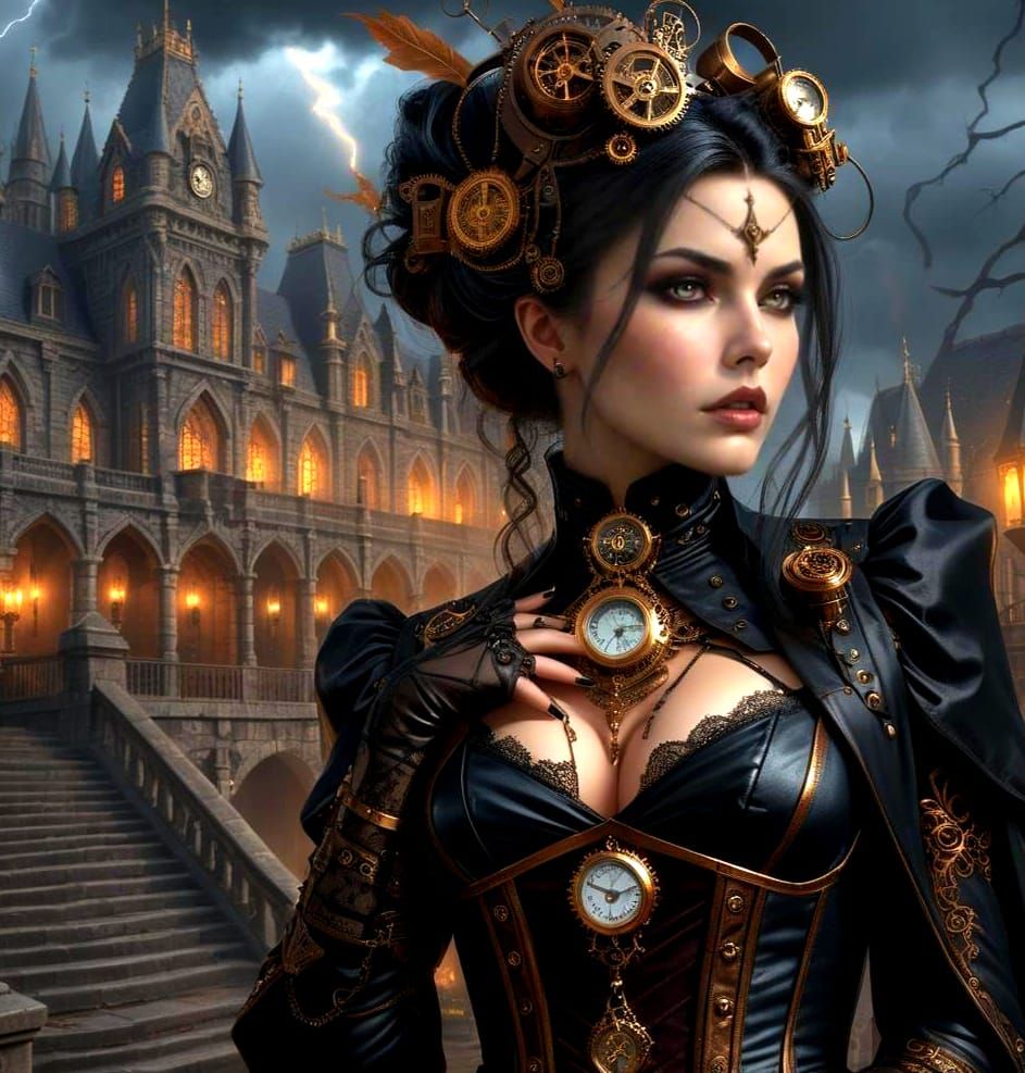 Steampunk Goth Woman in Castle, Digital Painting