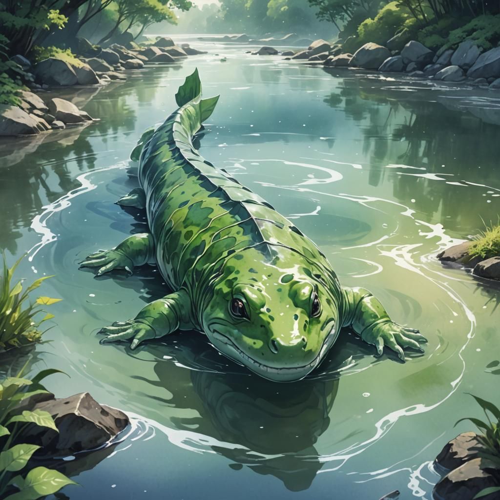 Giant Salamander Spirit in Anime Watercolor Style