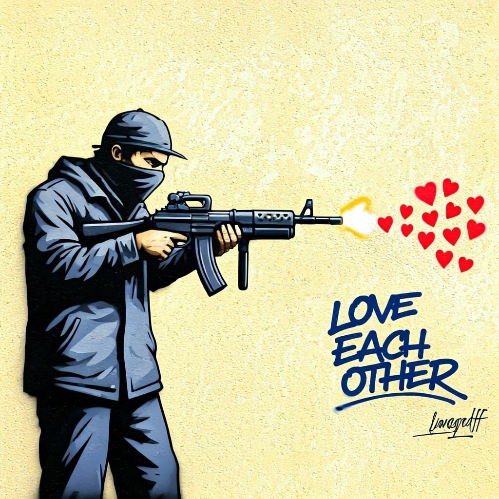 Banksy-Style Graffiti: Masked Man Shooting Hearts