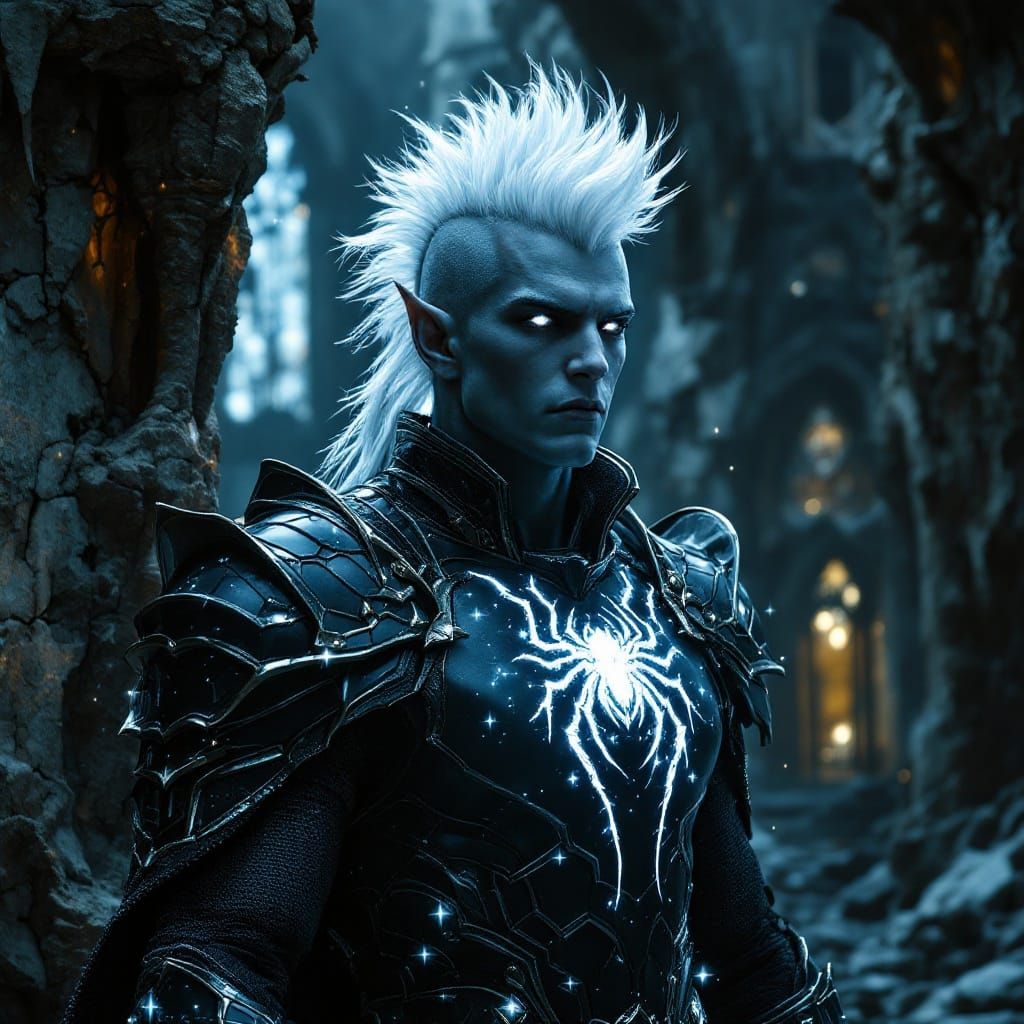 Ethereal Drow Warrior in Dark, Gothic Armor