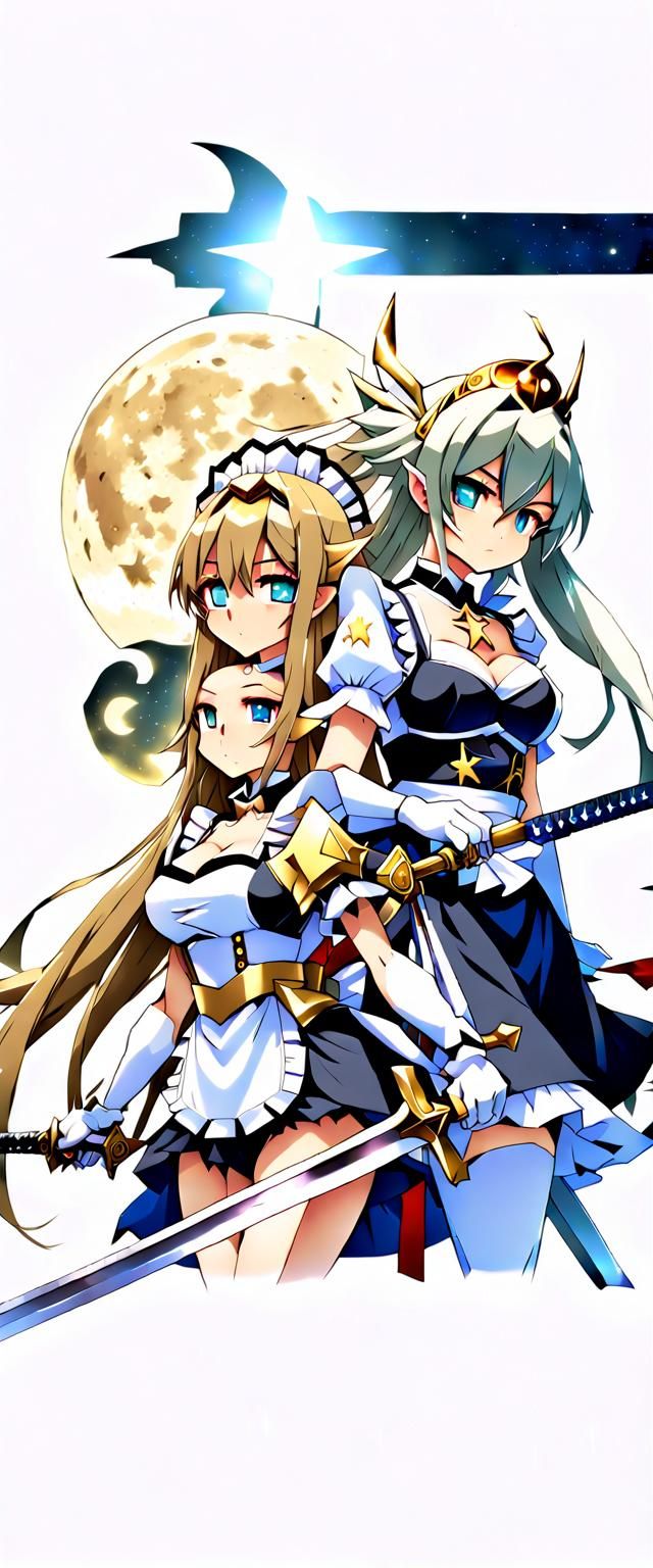 Anime-Style Elf and Maid in Castle Moonlight