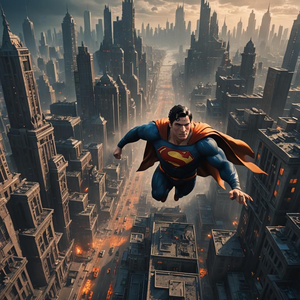 Superman in Gothic City, Matte Painting Style