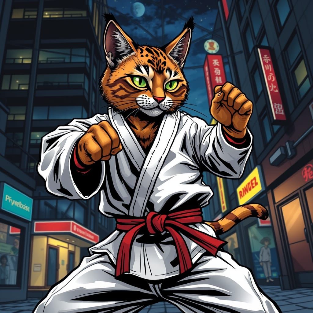 Karate Cat in Comic Book Art Style