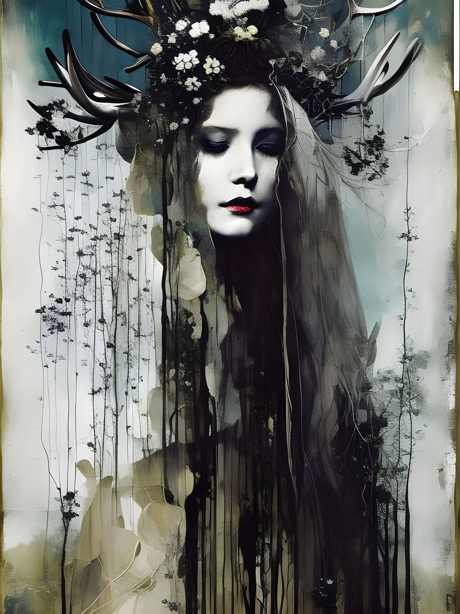 Ghost Woman with Antlers and Flowers: Oil Painting