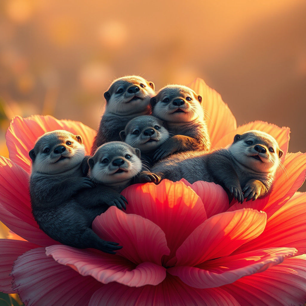 Sea Otters Lounging on Oversized Flower