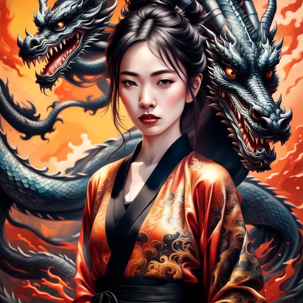 Chinese Dragon Behind Woman in Japanese Dress