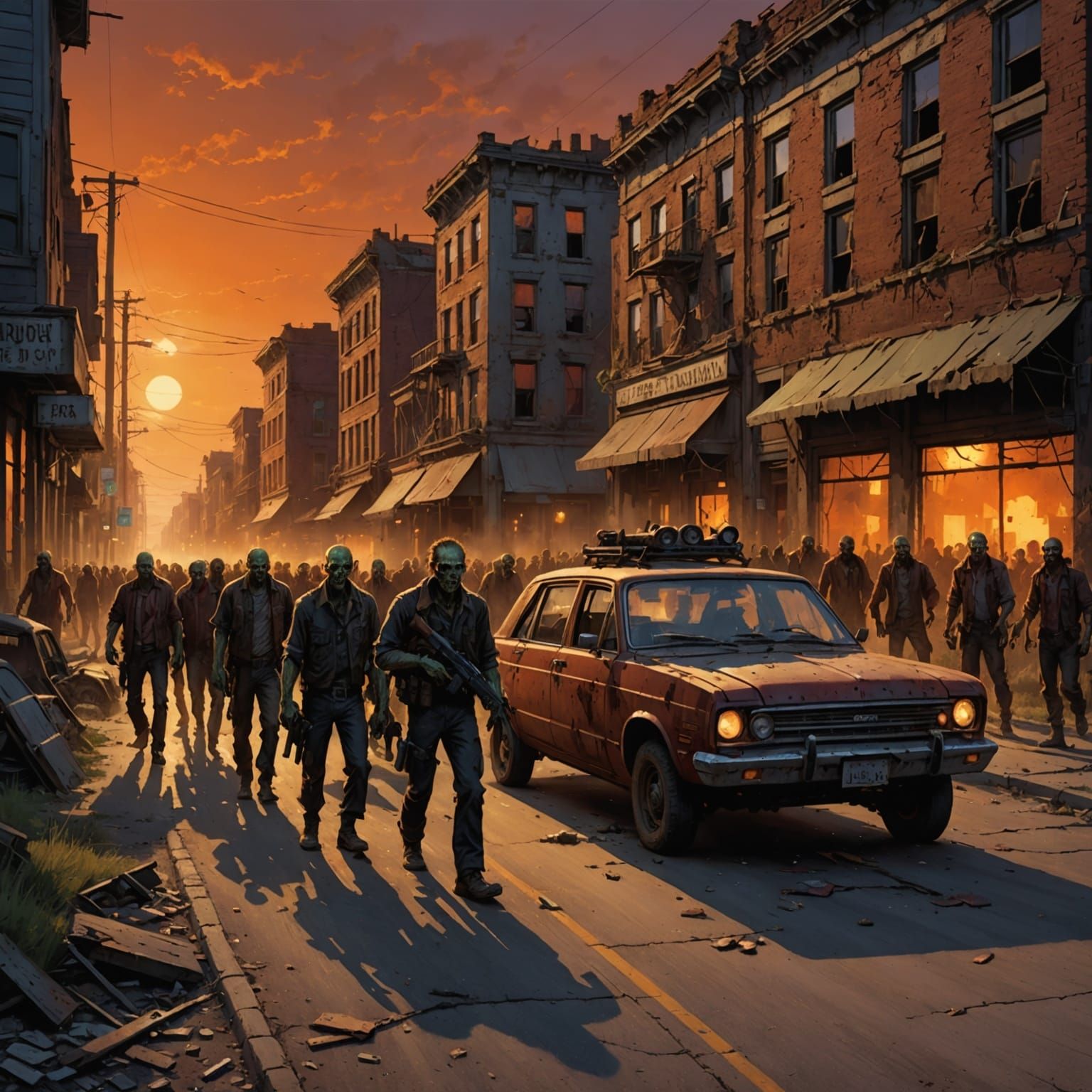 Post-Apocalyptic Zombie Herd at Sunset
