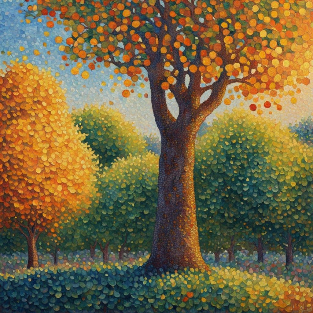 Seurat-Inspired Pointillist Tree in Golden Light