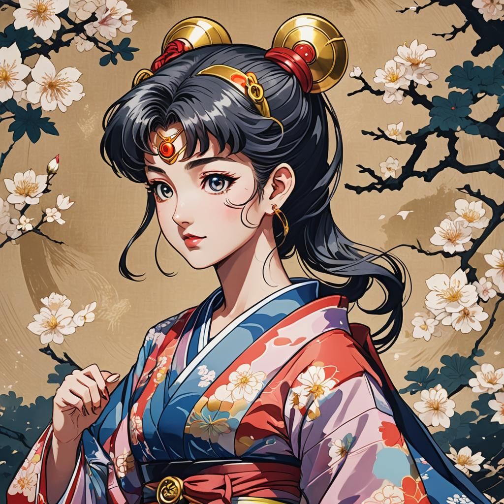 Sailor Moon in Kimono: Ukiyo-e Style Anime Art